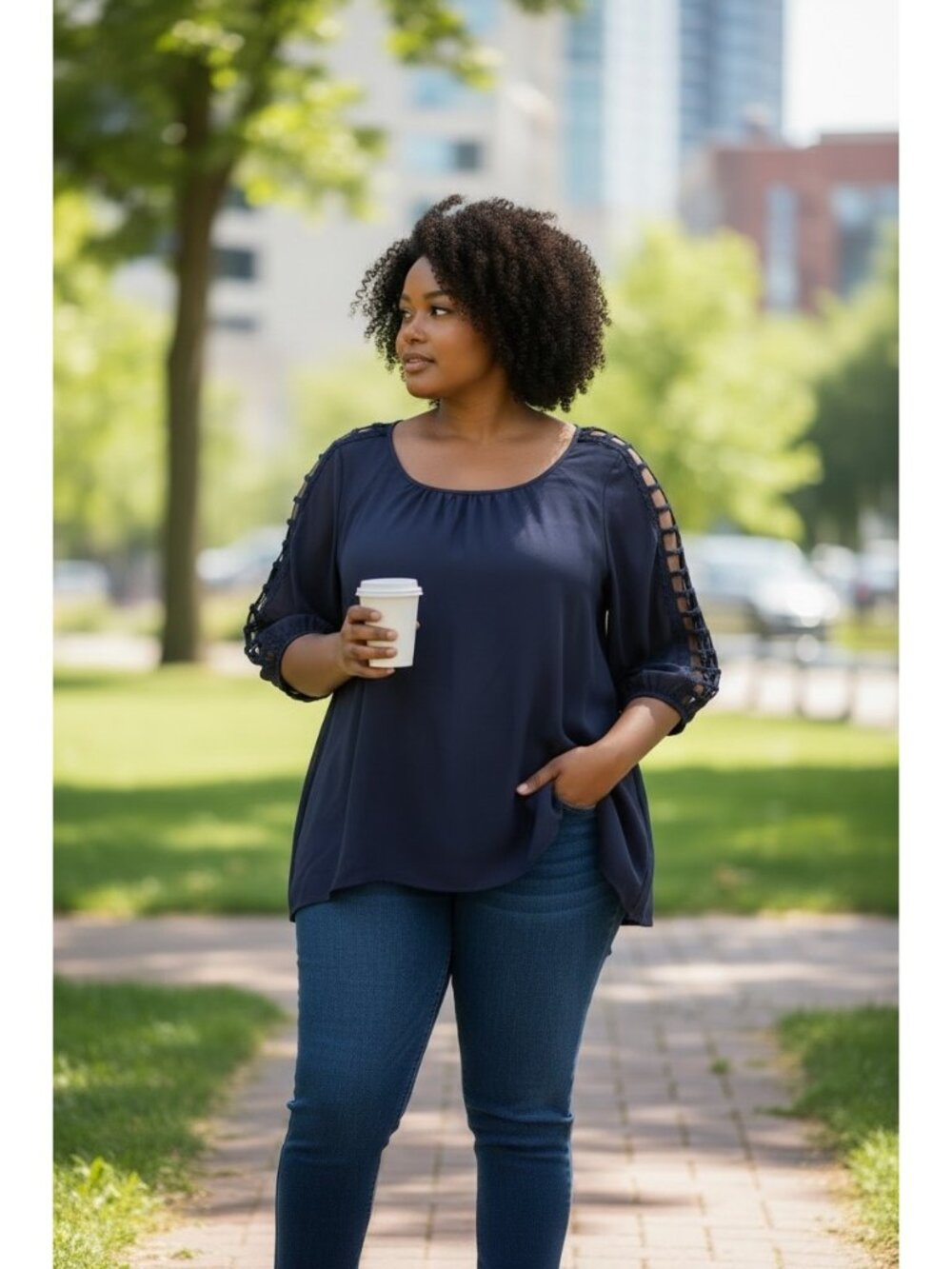 Unique Spectrum Size 2X Women's Blue Chambray Cotton Blouse Laser Cutout Sleeves - Picture 9 of 10